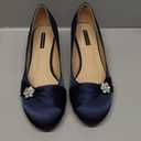ERIJUNOR Women Closed Toe Comfort Kitten Heels Rhinestones Satin Wedding Evening Dress Shoes (11, Navy)