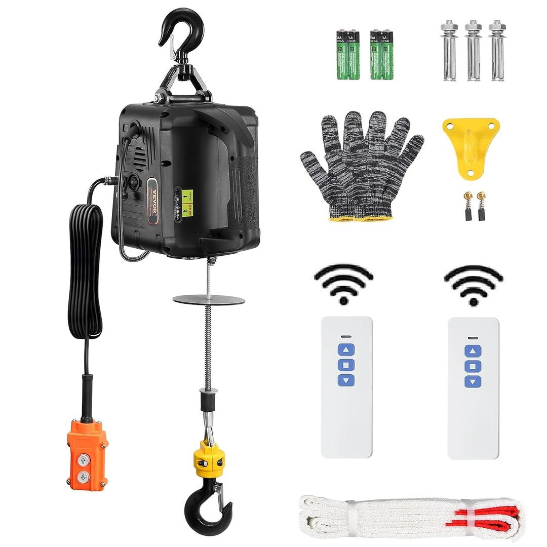 VEVOR 3-in-1 Electric Hoist Winch, 1100lbs 1500W Portable Power Winch Crane, 110V/120V 22.9 ft Lifting Height, 13 ft/min with Manual, Wired and Wireless Remote Control, Overload Protection