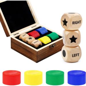 Fun Left Right Roll Dice Game Set, Include 3 1-inch Wooden Dices 48 Pcs Chips in Wooden Box, Easy to Store and Carry Around for Travel(Wood)
