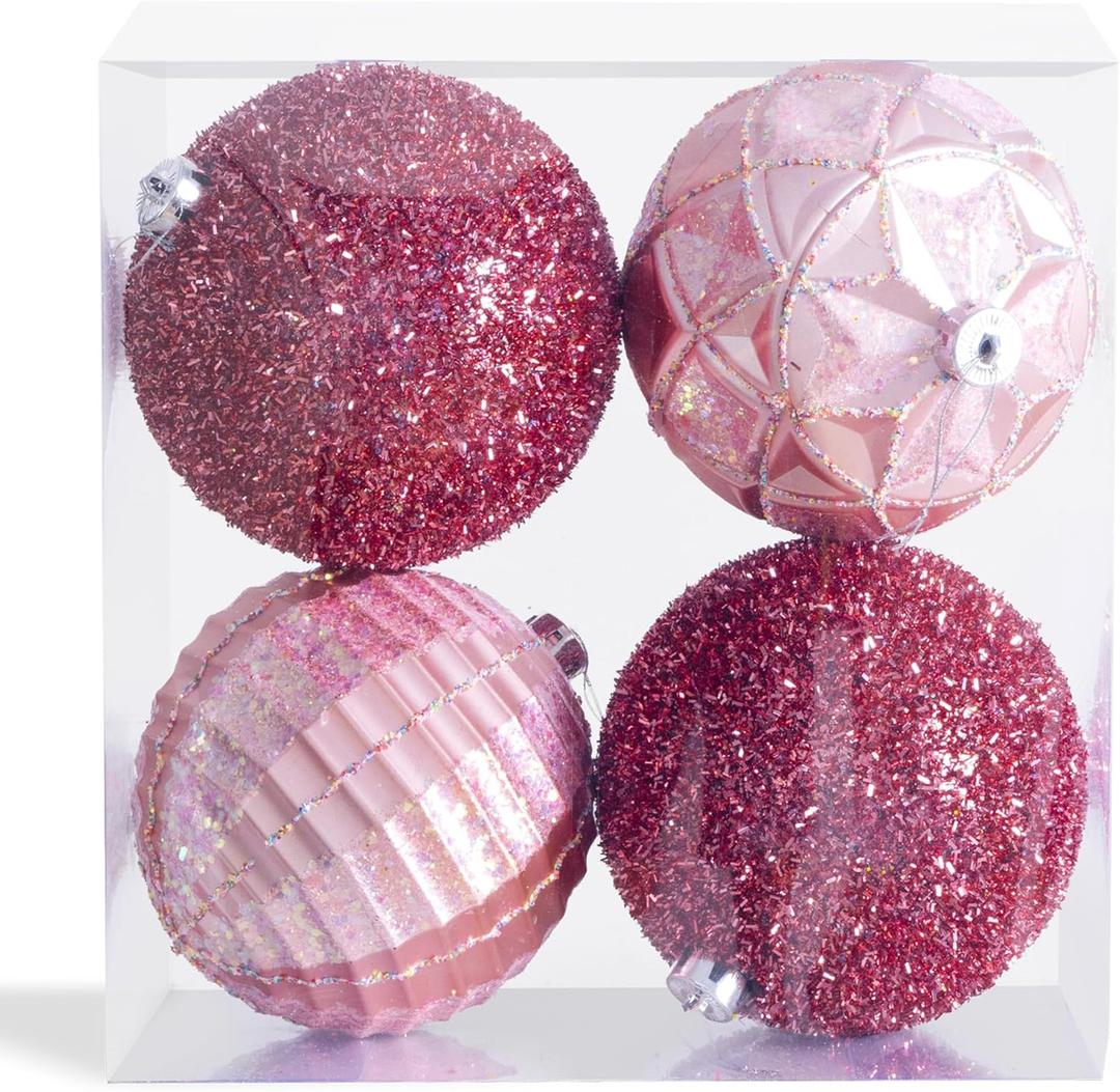 Large Pink Christmas Ornaments 5.9 inch Pink Christmas Balls 4 PCS Decorative Hanging Ornaments Large Christmas Tree Balls Ornaments for Home Party Holiday Xmas Gifts