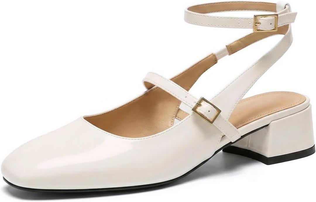 Womens Square Toe Mary Jane Pumps Chunky Low Heels Ankle Strap Slingback Wedding Party Dress Shoes (7.5, White)