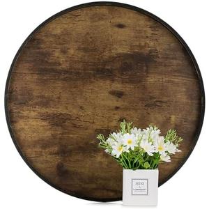 Hanobe Decorative Coffee Table Tray: Brown Wood Tray Round Rustic Wooden Trays Circle Farmhouse Centerpiece Candle Holder for Home Decor Ottoman Counter Display Living Room Organizer 18"