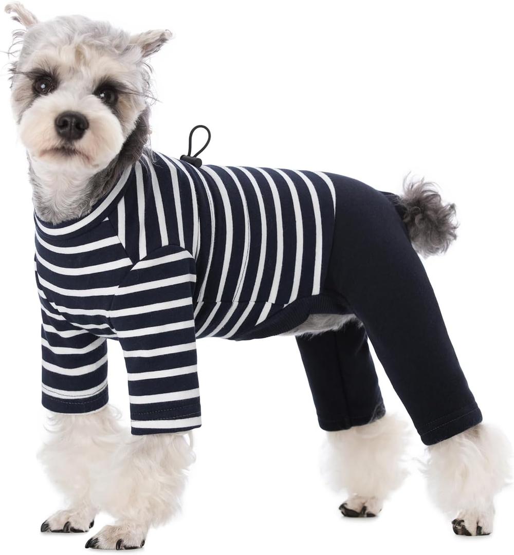 Winter Coat for Dogs - Warm Cotton Cold Weather Striped Round Neck Pajamas, Long Sleeves Jumpsuit, Color-Blocked Clothes for Medium Dogs, Onesie Anti Hair Shedding (Dark Blue)