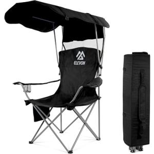 Camping Chair, Oversized Folding Chair with Canopy, Portable Outdoor Chair with Arms, Cup Holder and Carry Bag for Camping, Fishing, Beach, and Sports, Black