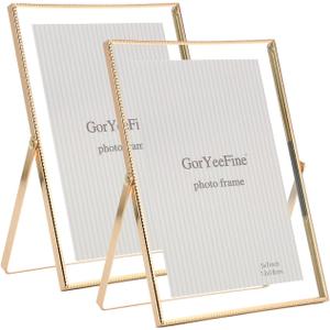 Gold 5x7'' Floating Frame Set of 2, For Photo Sizes (3.5 x5'', 4x 6'' up to 5x7'' ), Beautiful Metal Lace Edge Frames Adjustable Tabletop/Shelf Photo Frame, Classy Gift Choice for Wedding,