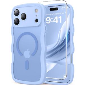 Magnetic for iPhone 17 Pro Case, 1X Screen Protector+1X Wrist Strap, Cute Wavy [Compatible with MagSafe][Full Camera Protection] Trendy Matte Women Girly Phone Case for iPhone 17 Pro 6.3", Light Blue
