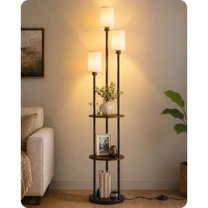 KIZON 71" Floor Lamp with Shelves, 3-Tier Tall Standing Lamp with 3-Light E26 Base & Linen Shade, Modern Shelf Floor Lamp for Living Room, Bedroom, Office, Foot Switch, Black and Beige