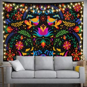 Keiutexe Mexico Floral Tapestry 60" X 40" Mexican Flowers Bird Traditional Wall Hanging Party Decorations Home Decor For Bedroom Living Room Dorm (150 X 100cm)