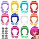 PLULON 10 Pcs Colorful Bob Wigs with Heart Plastic Sunglasses Hair Cap for Women, Costume Colorful Cosplay Wig Daily Party Hairpieces for Bachelorette Neon Party Favors, Halloween Decorations (Multicolor)