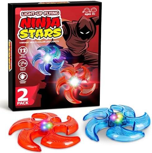 ArtCreativity Light Up Flying Ninja Stars Set, 2 Rubber Throwing Stars with Batteries, Interactive Ninja Kids Toys for Tossing, Games, 2 Colors, Gift for Kids Red and Blue Stars