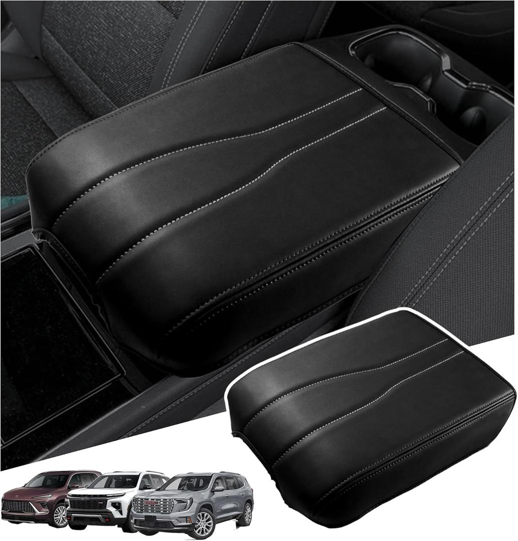 Center Console Armrest Cover Compatible with2024-2026 Chevy Traverse/2024-2026 GMC Acadia/2025-2026 Buick Enclave Interior Accessories, Leather Middle Console Lid Pad Protector Grey Lines