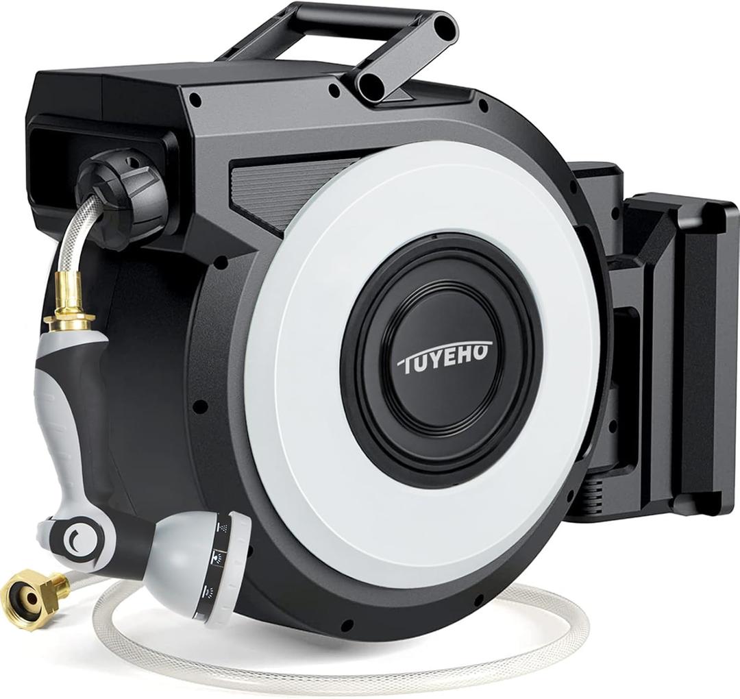 Tuyeho Retractable Garden Hose Reel 100FT, Wall Mount Heavy Duty Water Hose Reels with Automatic Slow Rewind System, Outdoor Hoses Reel with 2 Hose Nozzles for Garden Watering, Car Wash, Pet Shower