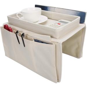 Sofa Armrest Organizer Caddy, 4 Pockets Couch Armchair Caddy TV Remote Control Holder Armchair Couch Bag with Cup Holder Tray for Snacks Glasses Smartphone Magazines(11.8x7.1x7.1in-Beige)