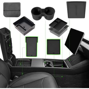 7PCS Center Console Organizer Tray for 2024 2025 Tesla Model 3 Accessories, Armrest Hidden Storage Box Cup Holder Charger Pad for Tesla Model 3 Highland