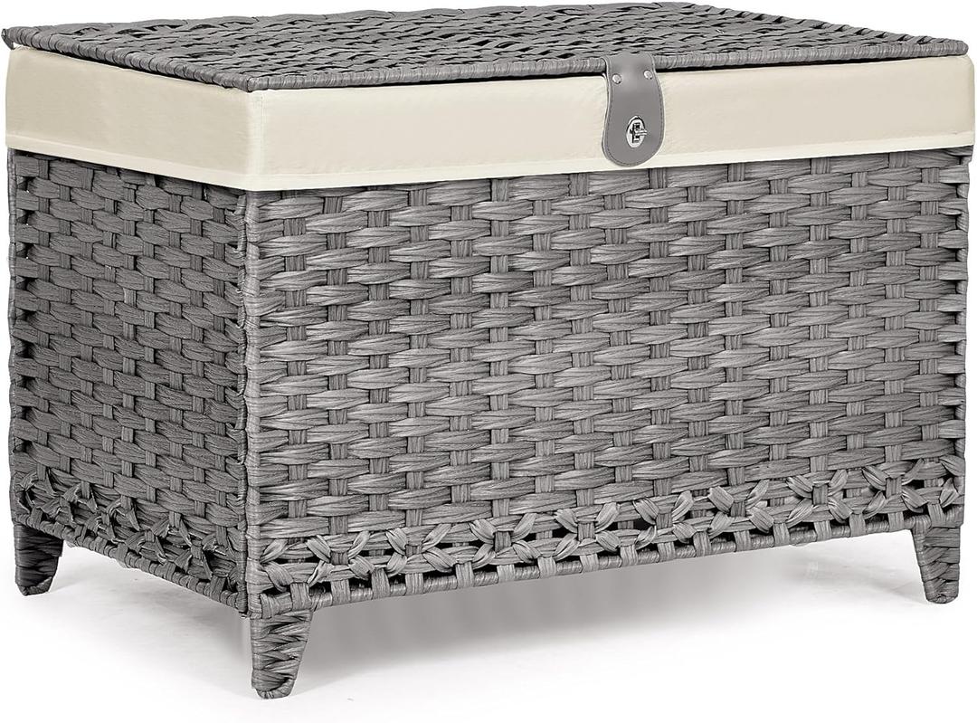 Wicker Storage Basket with Lid,Rattan Shelf Basket with Removable Liner Bag,160L Storage Bin,Storage Trunk with Heightened Feet,Storage Container for Wardrobe,Home Organizer (17.7 x 29.9 x 20.46 Inches, Grey)