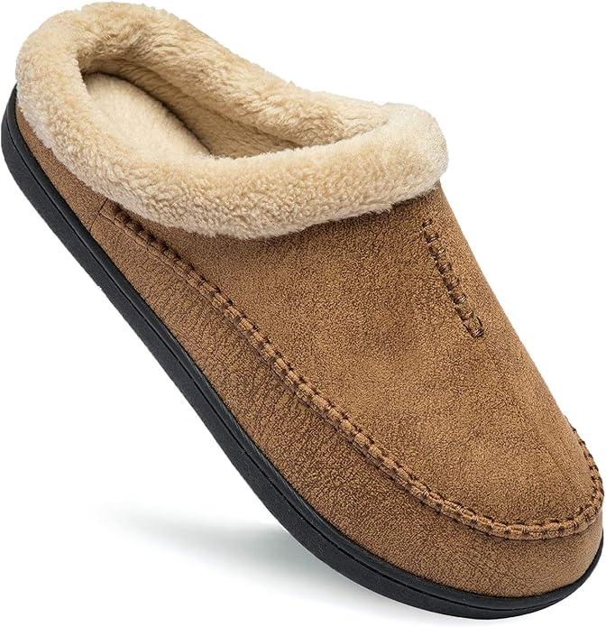Ranberone Men's Moccasin Slippers Faux Leather Memory Foam House Shoes with Fleece Fuzzy Lined for Indoor Outdoor Size 13-14 Brown