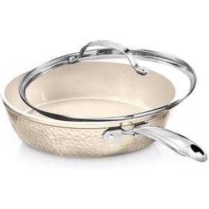 GOTHAM STEEL Hammered 10 Inch Non Stick Frying Pans with Lid, Frying Pans Nonstick with Lid, Non Toxic PFOA PFOS Free, Skillet Pan for Cooking, Induction Oven and Dishwasher Safe  Cream