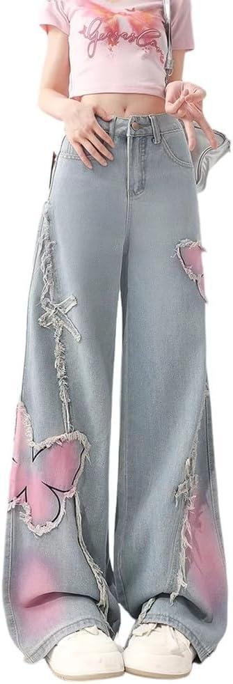 Y2K Baggy Ripped Jeans for Women Wide Leg Butterfly Print & Star Patch Distressed Denim Pants High Waist Streetwear (Blue) XL