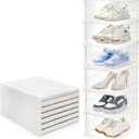 Hedume 6 Pack Clear Shoe Boxes Stackable, Drop Front Shoe Storage Box, No Assembly Plastic Shoe Organizer Storage Bin with Door, Free Standing Shoe Shelf Cabinet with Lid for Size 13, 13.6"x10"x7.9"