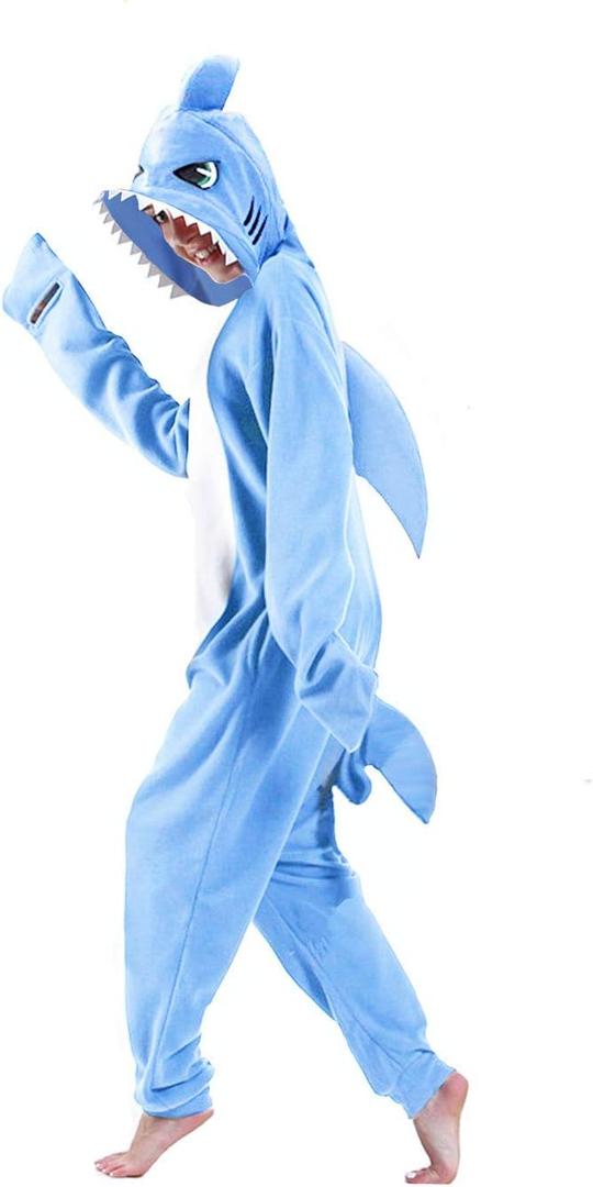dressfan Cartoon Unisex Animal Grey Shark Costume Pajamas Adult Kids Teen Women Men (Blue) S