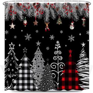 Merry Christmas Tree Shower Curtain Winter Forest Snowflake Pine Red Buffalo Plaid Xmas Trees Farmhouse New Year Holiday Black Bathroom Decor Set Polyester Fabric with Hooks 70X70 Inch