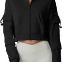 QINSEN Hoodies for Women Full Zip Up Cropped Jacket Long Sleeves with Cargo Pockets Sweatshirts Tops (X-Small, Black)