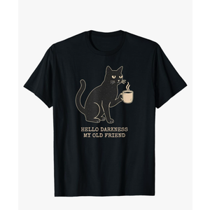 Hello Darkness My Old Friend, Cat and Coffee Halloween T-Shirt, Size M, Black