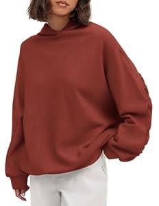 PRETTYGARDEN Hoodies for Women Oversized Pullover Sweatshirts Ruched Long Sleeve Casual Tops Spring Fall Fashion Y2K Clothes (Small, Rust)