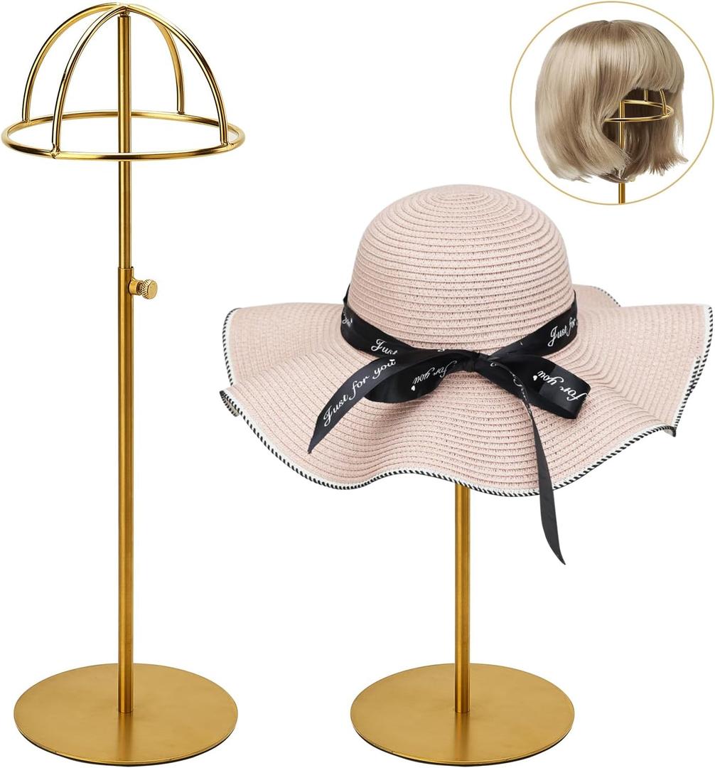 Hat Display Stand Titanium Gold Hat Stand, Set of 2, Height Adjustable Cap Rack Display, Fingerprint Resistant Durable Stainless Steel Tabletop Cowboy Hat Holder Stands for Vendors Closet