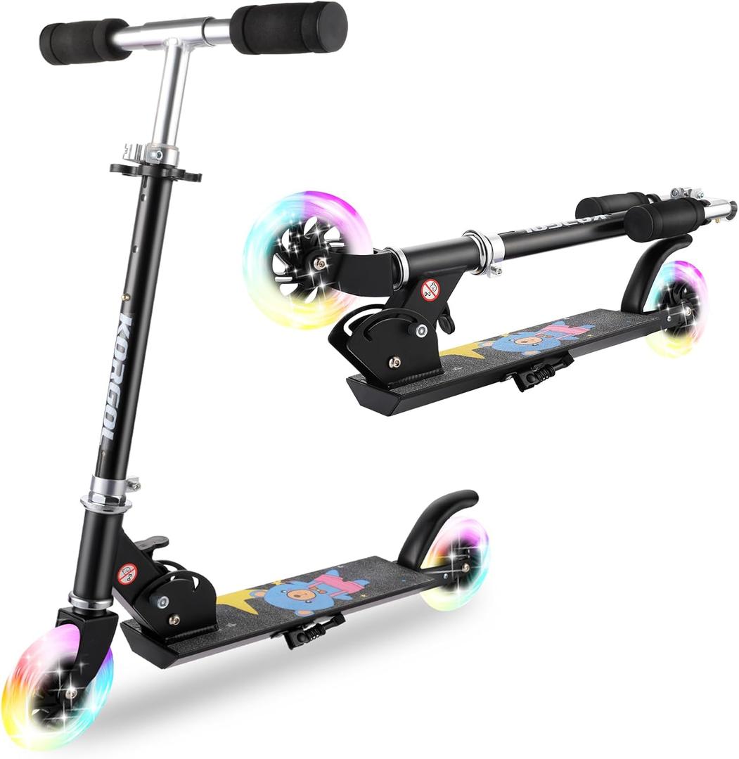 Scooter for Kids Ages 3-12 - Kids Kick Scooters with Led Light Up Wheels & 3 Levels Adjustable Handlebar, Lightweight Foldable 2 Wheel Girly Pink Scooter, Christmas Birthday Gifts for Girls Boys. (black)