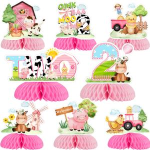 Farm Animal 2nd Birthday Party Decorations Girl - 8PCS Farm Animal Honeycomb Centerpieces, Pink Barnyard Birthday Decorations, Barn Animal 2 Years Old Birthday Party Decorations