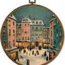 Vintage Snowy Village Wall Art Decor 10x10Inch, Vintage Winter Holiday Scene Circular Wall Art Framed Canvas Print Decor, Snowy Holiday Village Wall Art Decor for Christmas (Winter)