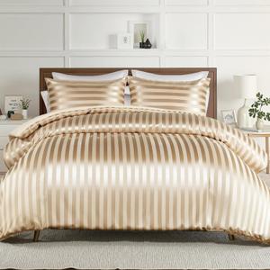 Whale Flotilla 3-Piece Reversible Silky Soft King Size Comforter Set, Luxury Stripe Satin Oversized Comforter Bedding Set with 2 Satin Pillowcases, Lightweight Duvet for All Seasons, Champagne