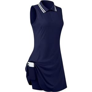 FREEYE Womens Sleeveless Golf Tennis Dresses with Inner Shorts＆Pockets for Workout Exercise Size Large, Navy Blue 