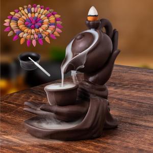 Waterfall Incense Burner Buddha Hand Backflow Incense Waterfall Burner Smoke Incense Holder Waterfall with 100 Incense Cones 10 Kind of Scents