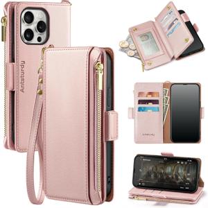 Antsturdy Compatible with iPhone 13 Pro Max Wallet Case, RFID Blocking PU Leather Phone Case Women Men Kickstand Flip Cover Wrist Strap Zipper Credit Card Holder Slots for Apple 13 Pro Max, Rose Gold