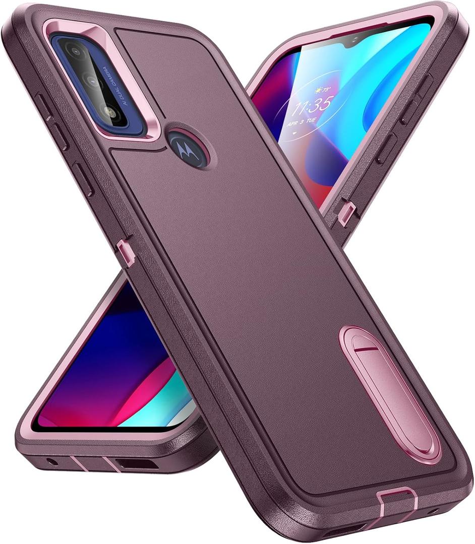 Moto G Play 2023 Case with Kickstand - 3-Layer Military Grade Protective Case Cover - Silicone Shockproof - Purple+Pink