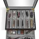 Ikkle Walnut Two-Tier Knife Display Case with Drawer and Real Glass Window Top for Knife Storage and Collections