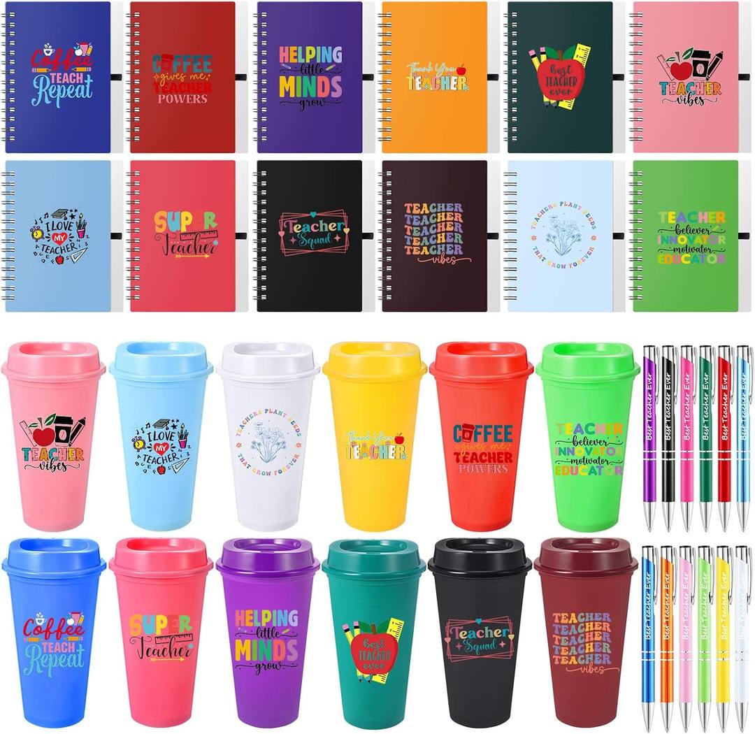 Skylety 36 Pcs Teacher Appreciation Gift Bulk, End of Year Thank You Gifts, 16 oz Reusable Plastic Coffee Cup with Lid, Inspirational Notebooks and Ballpoint Pens for Graduation Office(Thank You), 6.3 x 3.5 x 2.3 inches