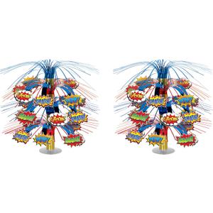 Beistle Hero Cascade Centerpieces 2-Count Metallic Fringe Superhero Table Decorations with Action Word Icons Comic Book Theme Party Decor with Clear Base & Hanging Cord 18"