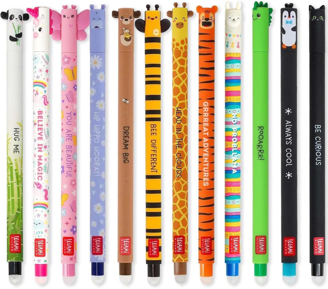 LEGAMI - Set of 12 Erasable Gel Pens with Thermosensitive Erase Ink, Range of ink colours & barrel designs, 0.7mm Tip, Animal Designs