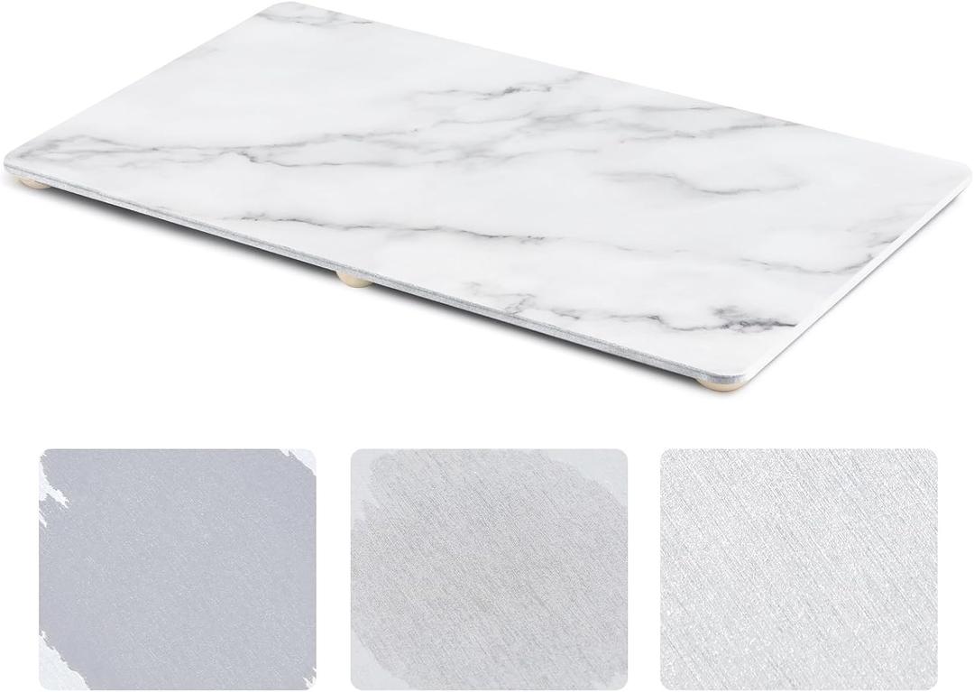 Ferrochef 32" X 18" Extra Large Stone Dish Drying Mat for Kitchen Counter Marble Diatomaceous Earth Mat with Wooden Feet Absorbent Quick Dry for Pot Dishes Bottles Cups Tableware (White)