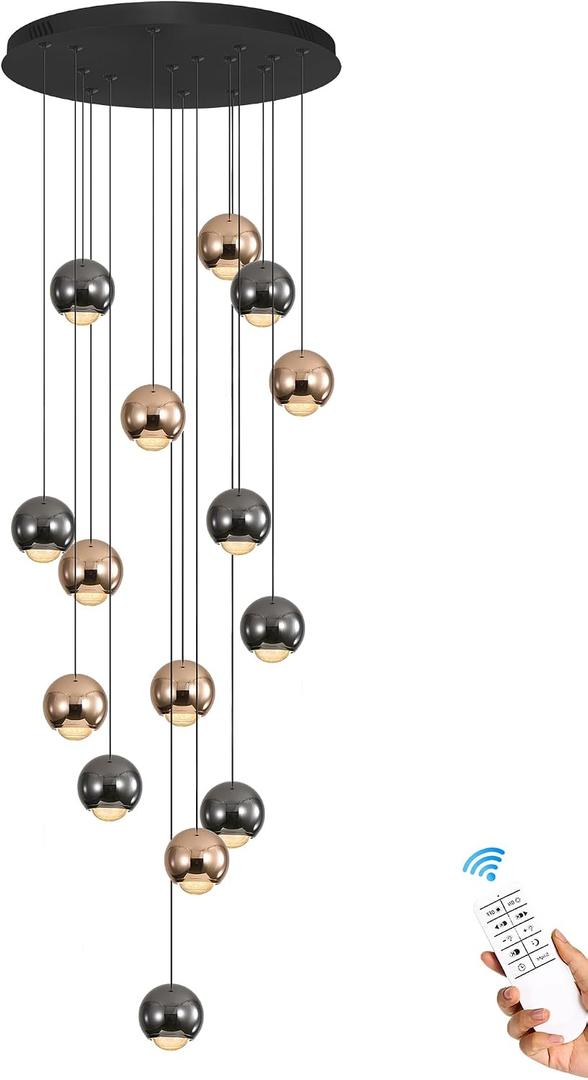 ykolupty Chandeliers for Dining Room Flush Mount Dimmable Round Ceiling Light for Living Room 15 Lights Crystal Raindrop Chandelier D24''xH118'', Ball 15-light