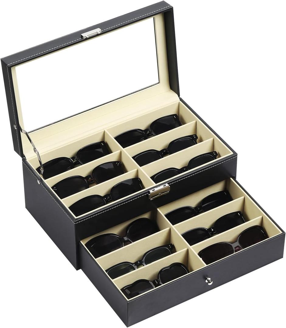 AUTOARK Leather 12 Piece Eyeglasses Storage and Sunglass Glasses Display Drawer Lockable Case Organizer,Black,AW-023