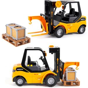 11.8 Inch Friction Powered Toy Forklift Truck with Lights & Sounds, 1/16 Scale Construction Vehicle with Pallet & 2 Cargo Boxes, Push Car for Toddlers Age 3, 4, 5 Boys Girls - Easter Gifts