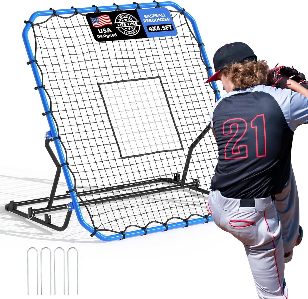 Baseball Rebounder Net, 4x4.5FT Volleyball Pitchback with 3 Adjustable Angles, Baseball & Softball Bounce Back Net for Ground, Line Drive, Fly Ball Return Settings Fielding Trainer (Blue)