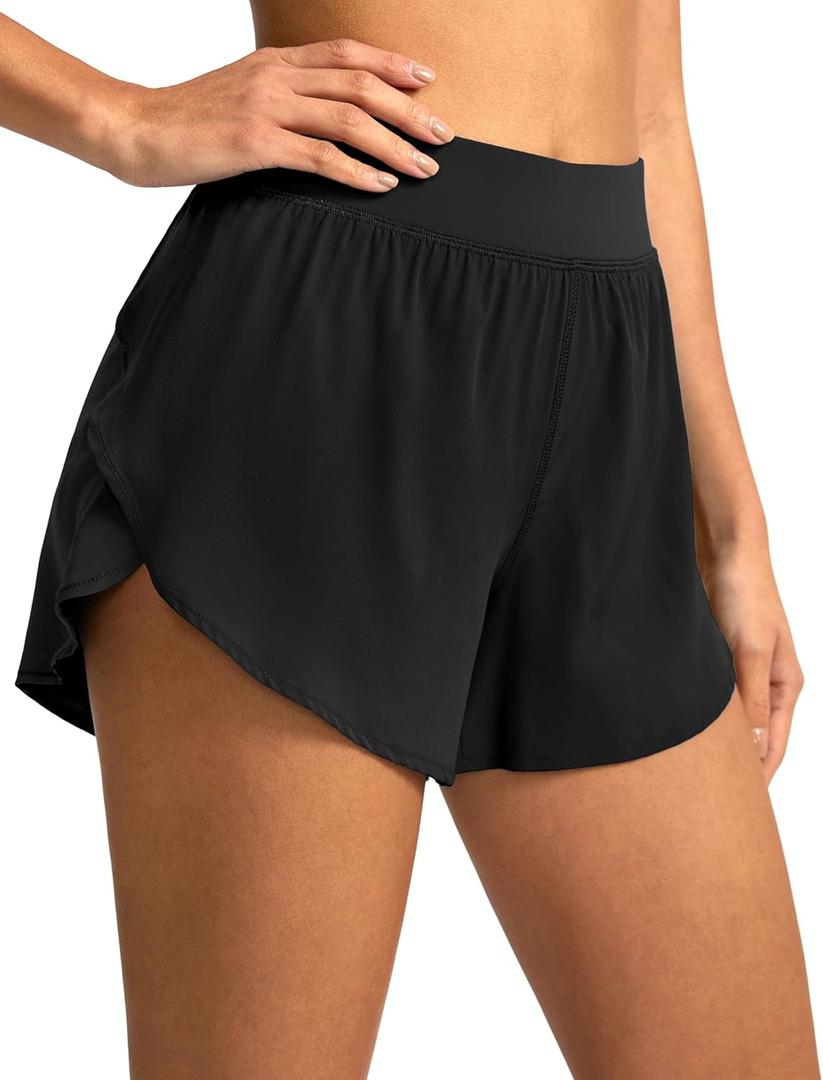 Soothfeel High Waisted Athletic Running Shorts for Women Dolphin Shorts High Split Quick Dry Gym Workout Shorts with Liner (Medium, Black)