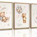 3Pcs Teddy Bear Nursery Wall Art Bear Sleeping on The Moon and Stars Wall Decor Pictures Balloon Cloud Neutral Canvas Poster Prints for Kids Baby Room Kindergarten Home Decoration 12x16in Unframed