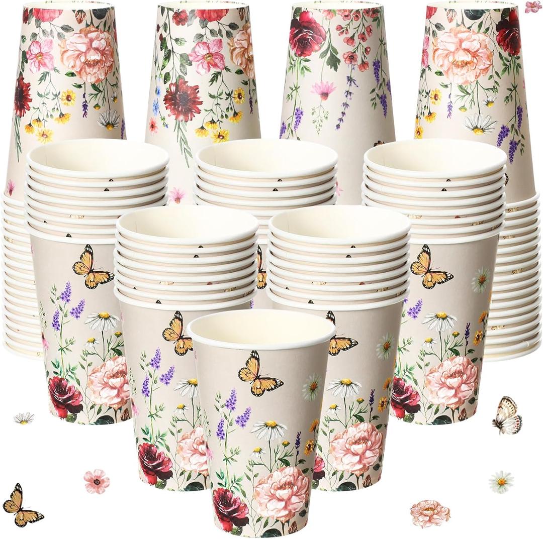 Tioncy 50 Pcs Spring Floral Butterfly 12 oz Disposable Paper Coffee Cups Flower Drink Cup for Coffee, Water, Juice, Espresso, Hot and Cold Drinks, Cocoa, Cold Beverages, Tea Party Supplies Decoration