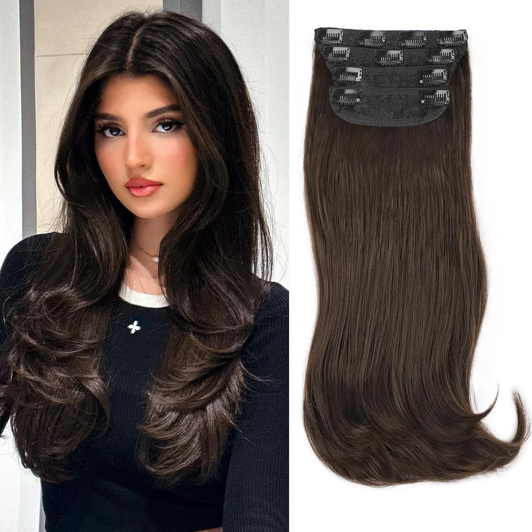 FREEMEIGE Clip in Hair Extensions for Women 20 Inch Straight Layered Hair Extensions Clip ins Brown Long Wavy Synthetic Hair Extension